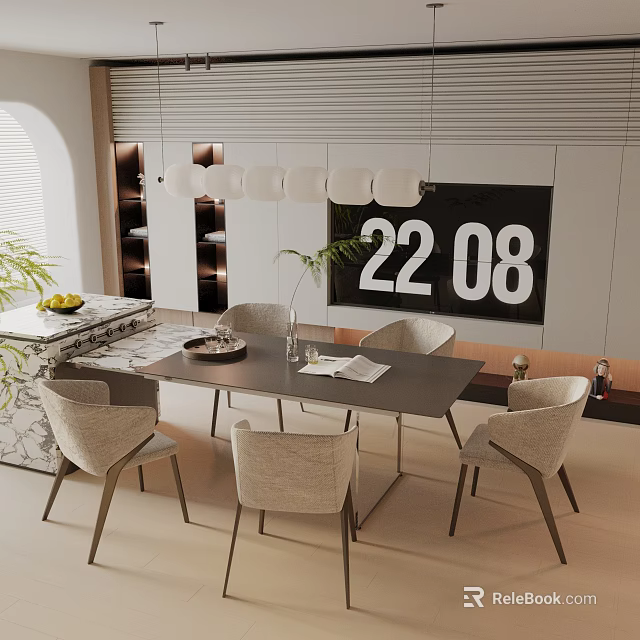 Modern Dining Table Set With Chairs Pendant Lights Digital Number Wall Display And Green Plant 3d model 