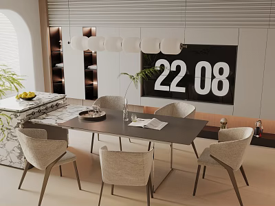 Modern Dining Table Set With Chairs Pendant Lights Digital Number Wall Display And Green Plant 3d model