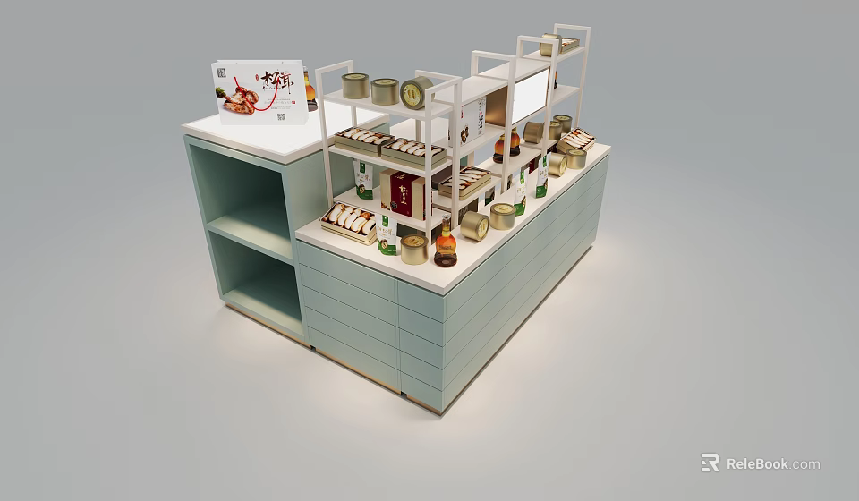 Modern Mall Counter With Multi Layer Shelves Displaying Canned And Bottled Products 3d model 