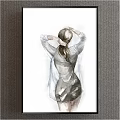 Watercolor Woman Portrait Back View with Long Blonde Hair and Flowing Gray Dress
