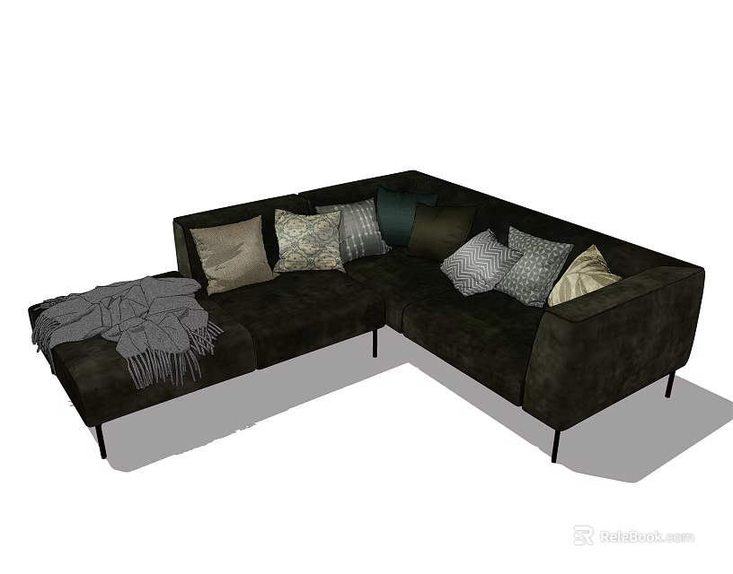 Modern Black Sectional Sofa With L Shaped Design Patterned Cushions And Gray Throw Blanket 3d model