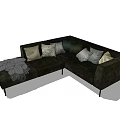 Modern Black Sectional Sofa With L Shaped Design Patterned Cushions And Gray Throw Blanket 3d model