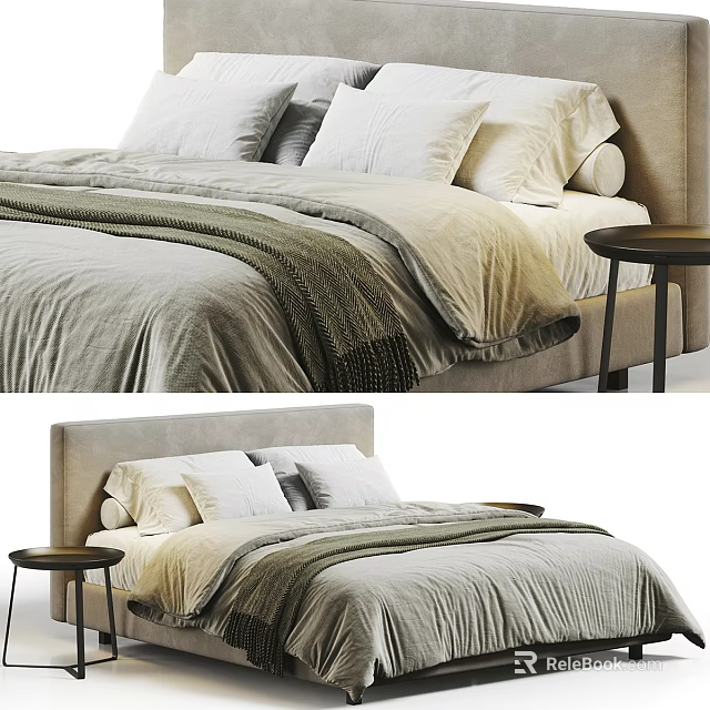 Bedroom Background Double Bed With Textured Bedding Neutral Tones And Nightstand 3d model