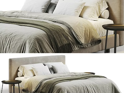 Bedroom Background Double Bed With Textured Bedding Neutral Tones And Nightstand 3d model