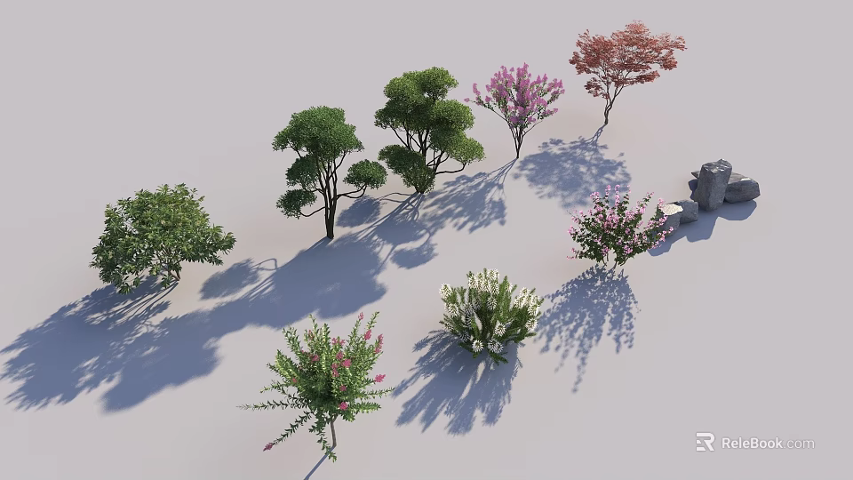 Various Ornamental Shrubs with Pink Flowers and Green Foliage for Garden Landscaping 3d model 