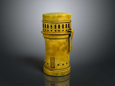 Vintage Brass Weapon Cylindrical Design With Handle And Decorative Holes 3d model