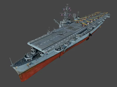 Large Military Aircraft Carrier With Gray Hull Red Bottom And Flight Deck 3d model