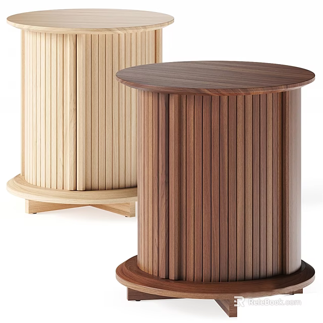 Cylindrical Wooden Bedside Tables with Round Top and Vertical Slats in Light Dark Tones 3d model 