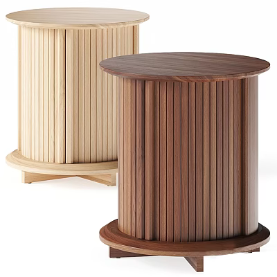 Cylindrical Wooden Bedside Tables with Round Top and Vertical Slats in Light Dark Tones 3d model