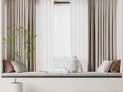 Bay Window With Curtains Blinds Green Plant Pillows White Cushion And View 3d model