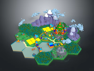3D Cartoon Scene With Snowy Mountains Green Forests Castle And Colorful Paths 3d model