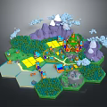 3D Cartoon Scene With Snowy Mountains Green Forests Castle And Colorful Paths