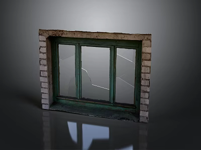 Old Green Window Frame With Broken Glass And Brick Wall Design 3d model