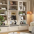 Stylish Bookcase Display With Books Vinyl Records Photo Frames Clock Decorations And Potted Plants