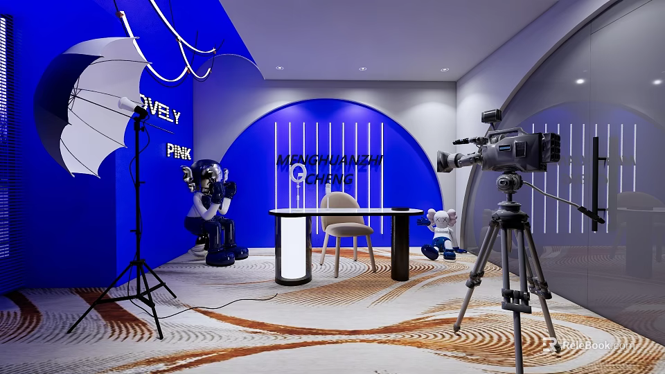 Public Office Space With Blue Background Camera Equipment Table And Recording Setup 3d model