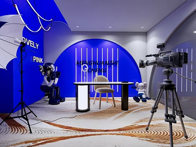 Public Office Space With Blue Background Camera Equipment Table And Recording Setup 3d model