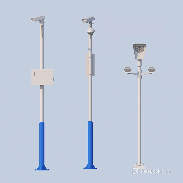 Household Outdoor Poles With Blue Base Camera Box And Antenna Attachments 3d model 