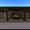Vintage Exhibition Hall Interior with Black and White Photos Wooden Display Cases and Spotlights