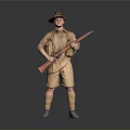 Man in Khaki Outfit and Hat Holding Rifle Against Gray Background