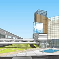 Modern Urban Commercial Street With Glass Facades LED Screens Pedestrians Greenery And Vehicles