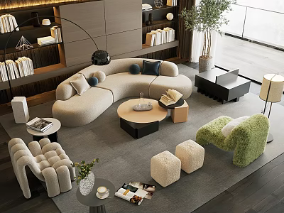 Beige Curved Sofa and Round Coffee Table Set with Green Accent Chair and Small Ottomans 3d model