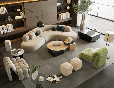 Beige Curved Sofa and Round Coffee Table Set with Green Accent Chair and Small Ottomans 3d model
