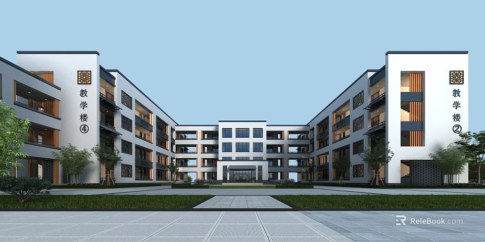Traditional Chinese Style Multi Story School Building With Symmetrical Courtyard Lawn And Stone Pavement 3d model 