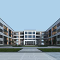Traditional Chinese Style Multi Story School Building With Symmetrical Courtyard Lawn And Stone Pavement
