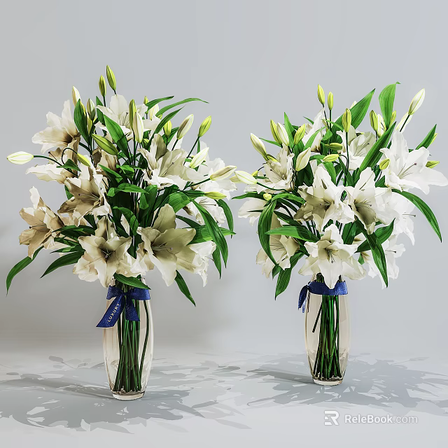 Transparent Vases With Fresh White Lilies Green Leaves And Blue Ribbons 3d model 