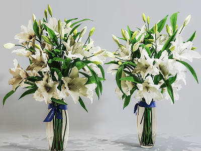 Transparent Vases With Fresh White Lilies Green Leaves And Blue Ribbons 3d model