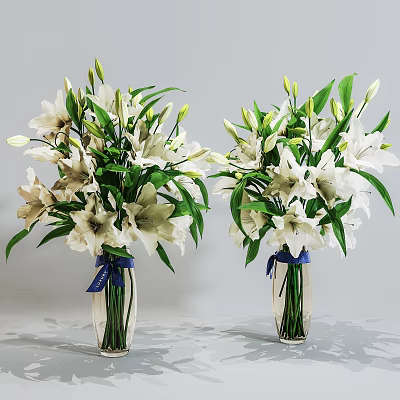 Transparent Vases With Fresh White Lilies Green Leaves And Blue Ribbons 3d model