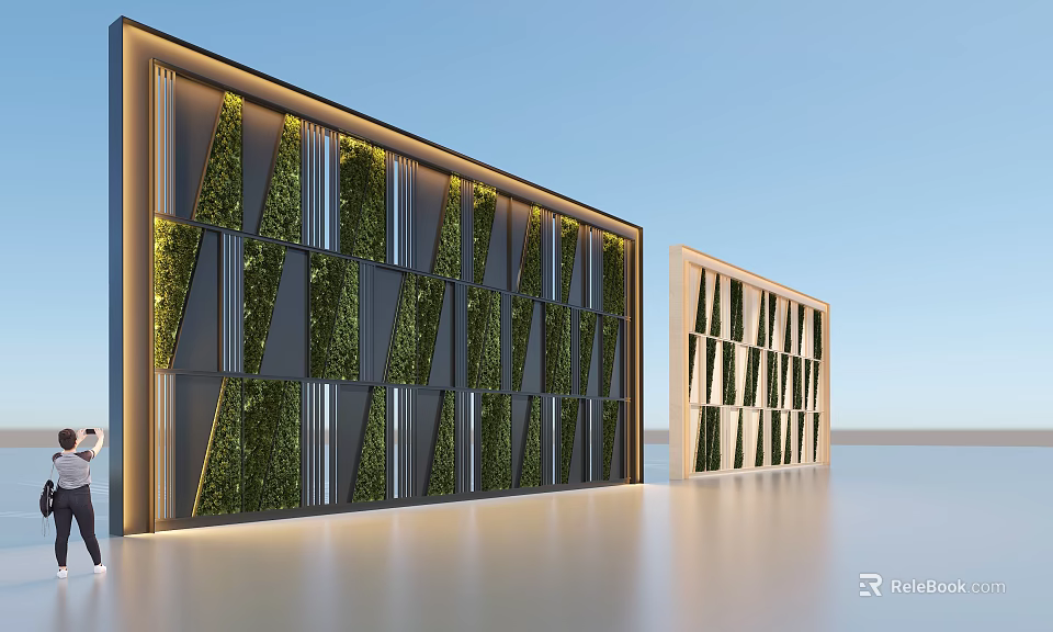 Modern Green Living Wall With Geometric Patterns And Outdoor Decorative Design 3d model