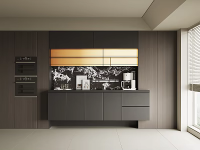 Modern Kitchen Wine Cabinet With Gold Accent Black Countertop And Wooden Wall Design 3d model