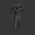 3D Male Figure Model Carrying Sack In Work Clothes Standing On Gray Background