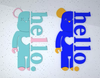 Cute Cartoon Wall Decor With Light Blue Dark Blue Figures Hello Lettering And Heart Shape 3d model