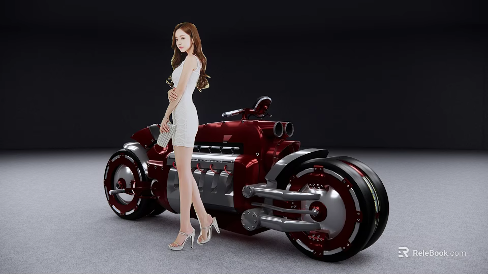 Shiny Red Motorcycle With Modern Design And Woman In White Dress Standing Next 3d model 