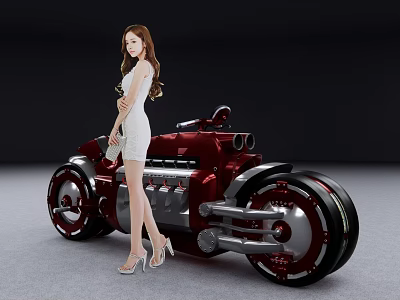 Shiny Red Motorcycle With Modern Design And Woman In White Dress Standing Next 3d model