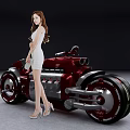 Shiny Red Motorcycle With Modern Design And Woman In White Dress Standing Next
