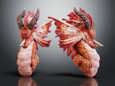 Artistic Two Red Orange Dragon Head Sculptures With Detailed Horns And Wings 3d model