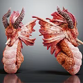 Artistic Two Red Orange Dragon Head Sculptures With Detailed Horns And Wings