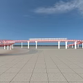 Modern Curved Bridge With White Red Structure And Coastal Water View 3d model