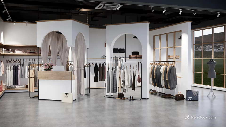 Modern Clothing Store Interior With Arched Doorways Clothing Racks And Mirrors 3d model 