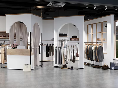 Modern Clothing Store Interior With Arched Doorways Clothing Racks And Mirrors 3d model