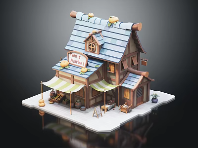 Cartoon Bread Shop Cottage with Blue Tile Roof Yellow Decorations Front Awning and Wooden Barrels 3d model
