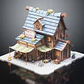 Cartoon Bread Shop Cottage with Blue Tile Roof Yellow Decorations Front Awning and Wooden Barrels