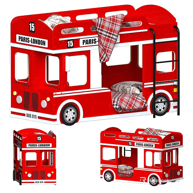 Red Double Decker Bus Shaped Children's Bed with London Route and Plaid Blanket 3d model 