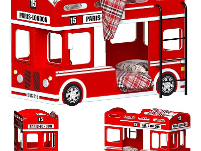 Red Double Decker Bus Shaped Children's Bed with London Route and Plaid Blanket 3d model