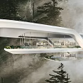 Modern Detached Villa Featuring Floating Design In Misty Mountain With White Exterior And Greenery