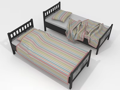 Two Twin Beds With Black Frames And Colorful Striped Bed Sheets And Blankets 3d model