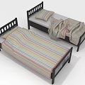 Two Twin Beds With Black Frames And Colorful Striped Bed Sheets And Blankets